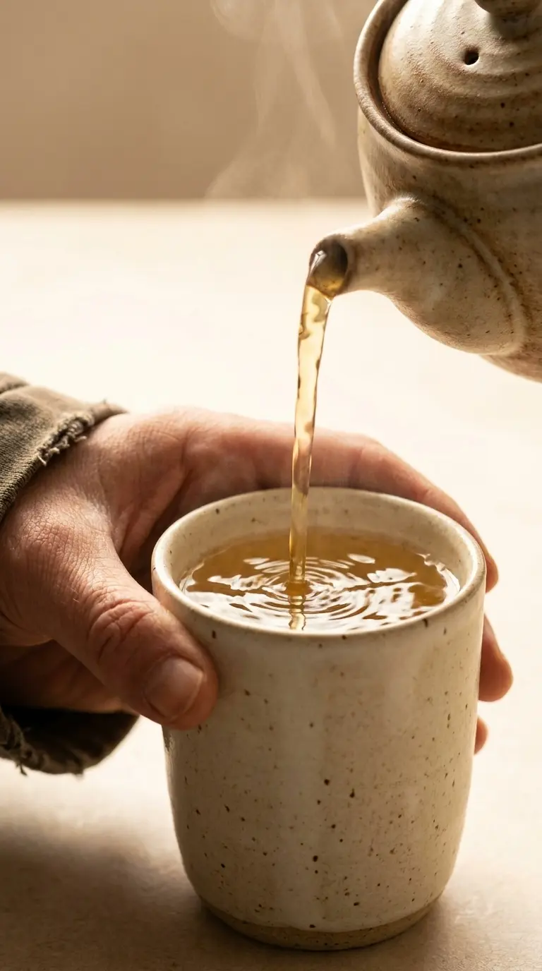 Close-up ceramic tea-pouring scene for an original ASMR video concept