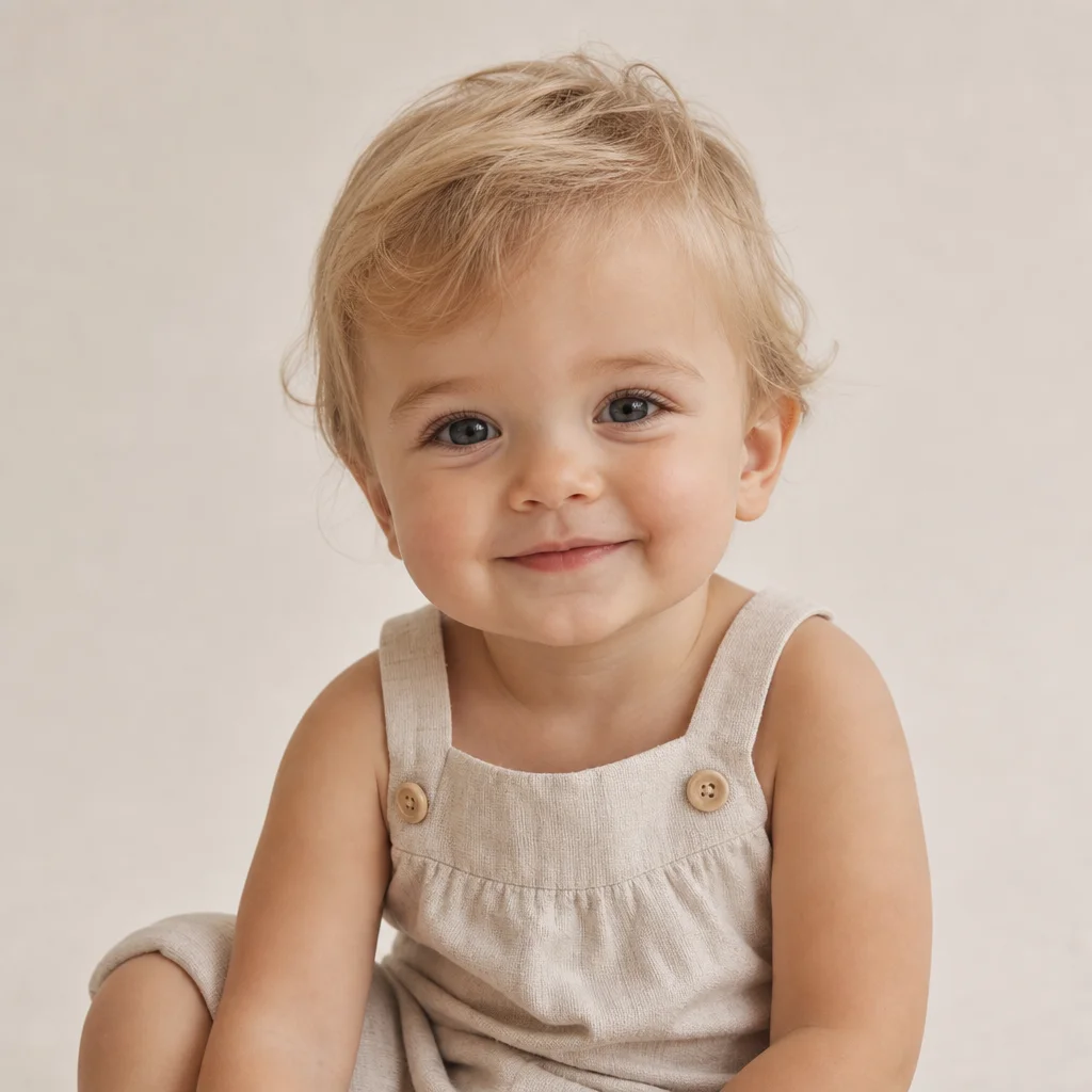 Fictional neutral family-style toddler portrait concept