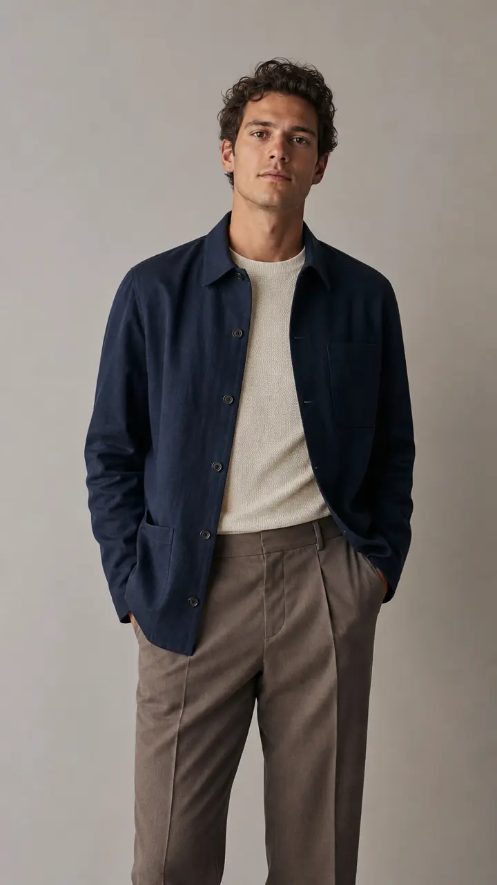 Authorized adult portrait wearing a smart-casual navy outfit concept