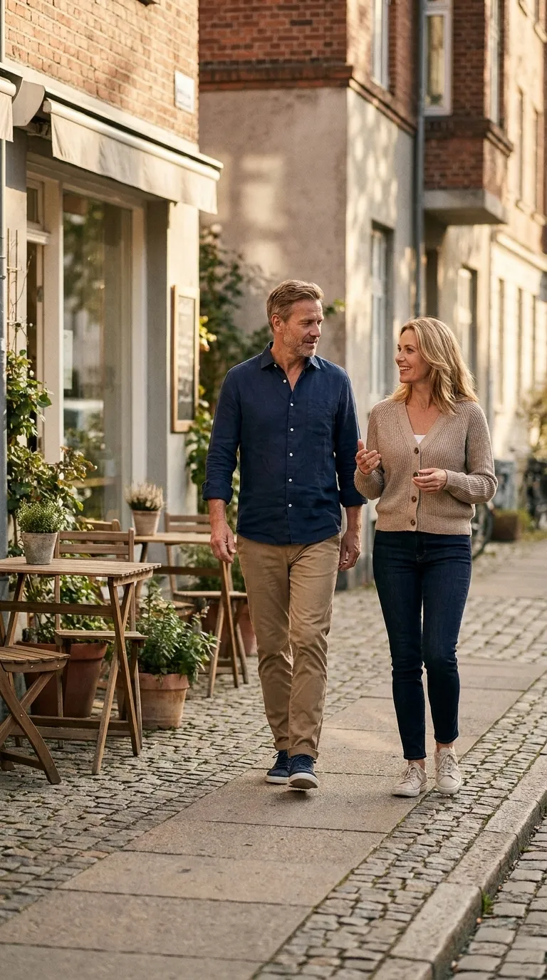 Two consenting adults walking beside a neighborhood cafe