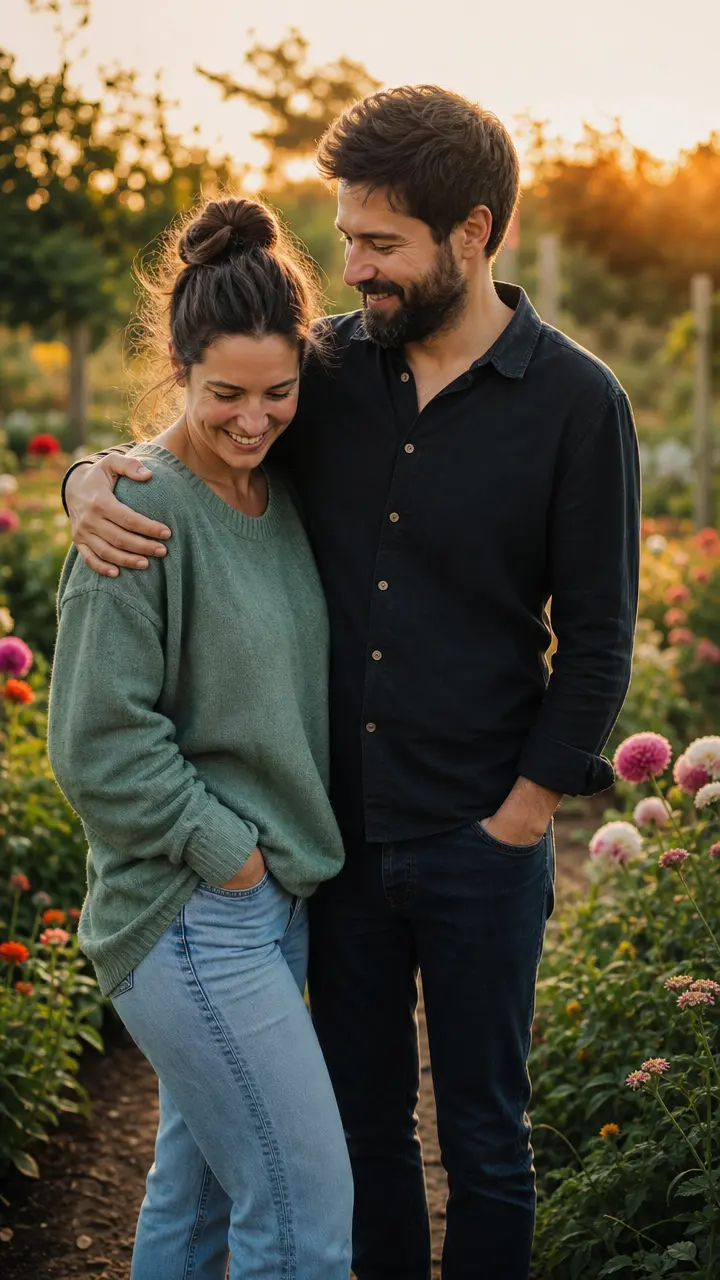 Authorized adult couple sharing a gentle side embrace in a garden