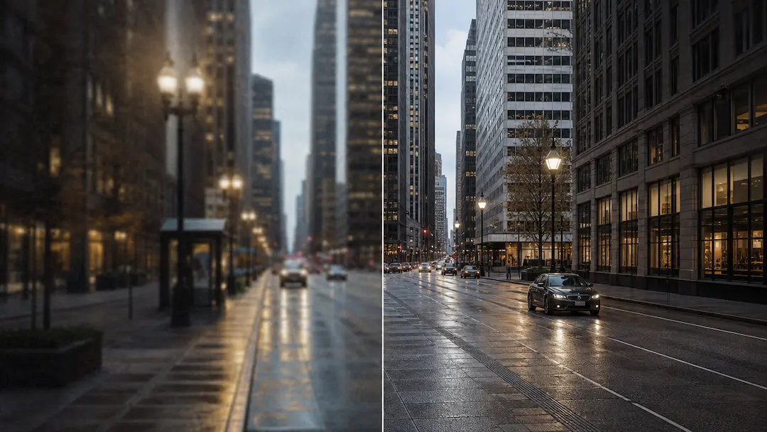 Illustrative split composition showing a city image detail review concept