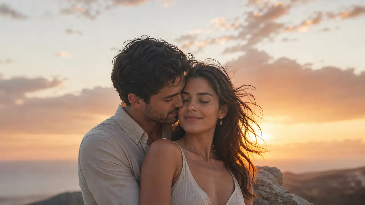 Authorized adult couple portrait at sunset used as a romantic video concept preview
