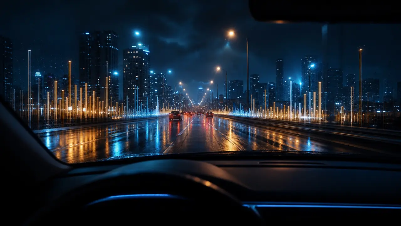 Night-drive visual concept synchronized to an original electronic track