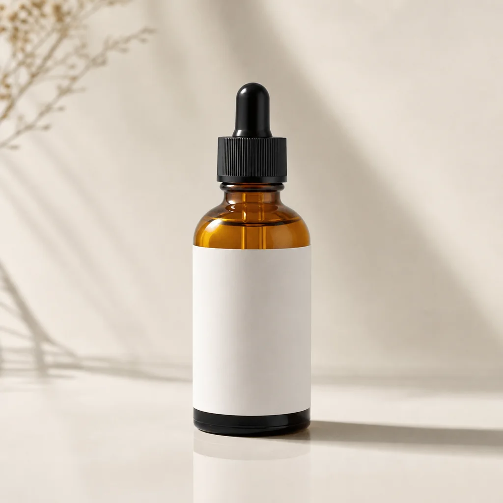 Unbranded amber bottle on a neutral studio replacement background