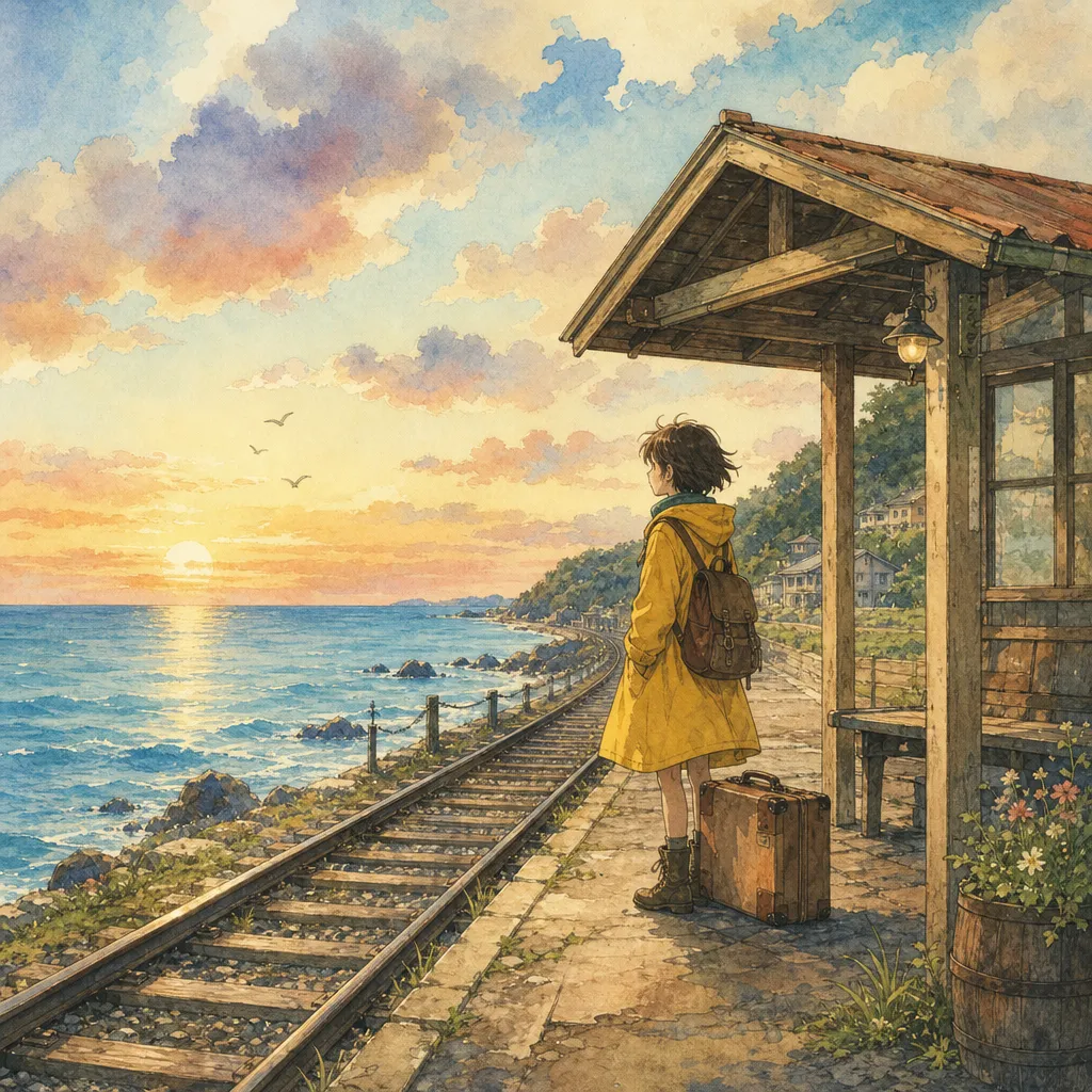 Seaside train stop illustration