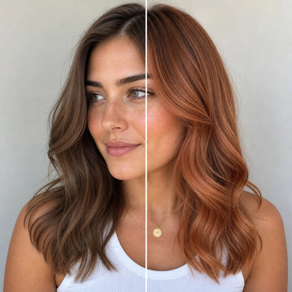 Soft copper hair color visualization with natural roots