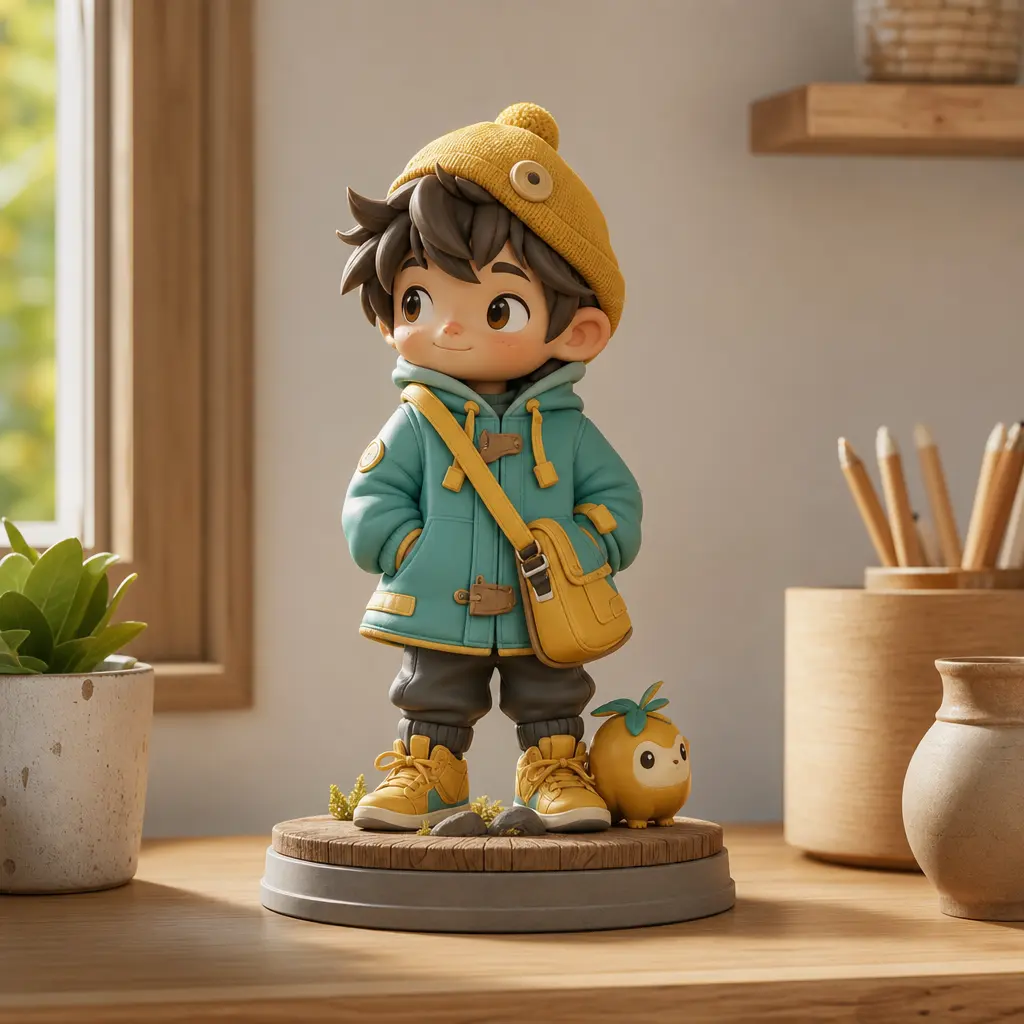 Three-dimensional collectible figurine concept displayed on a desk
