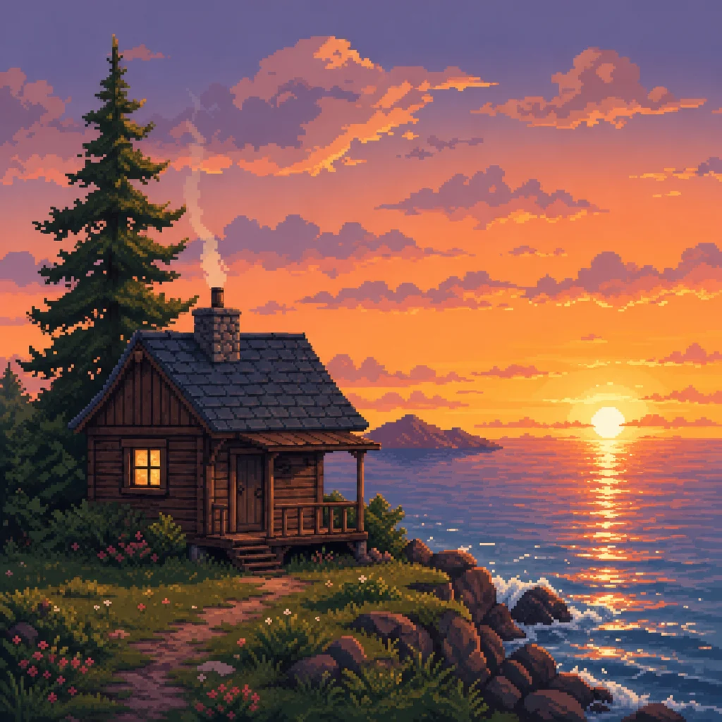 Original coastal cabin pixel-art scene