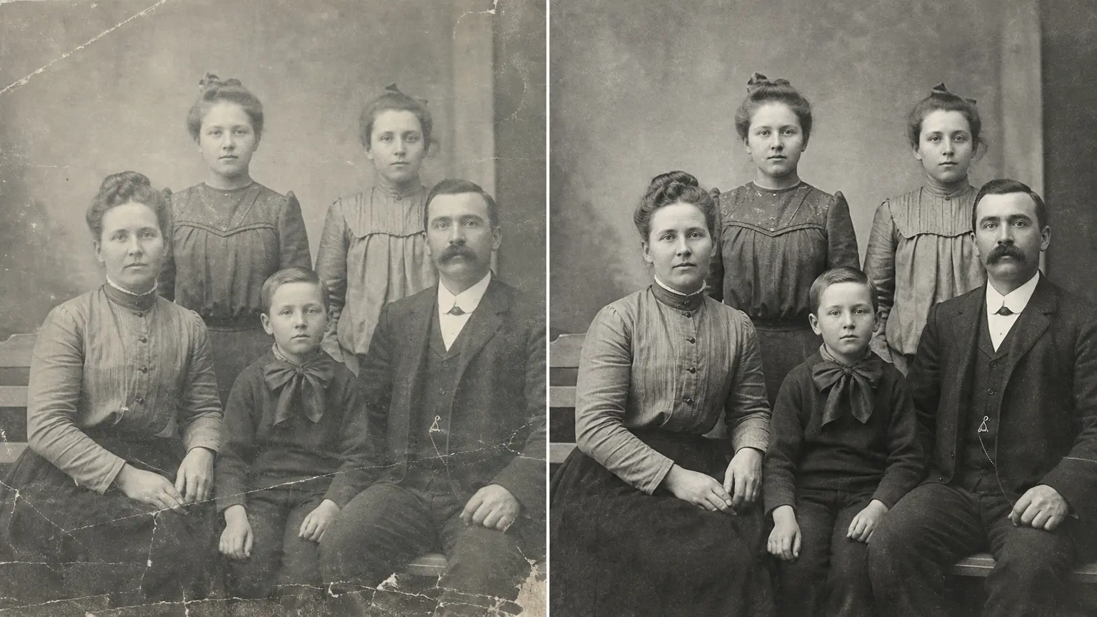 Comparison concept for careful restoration of a scanned family portrait