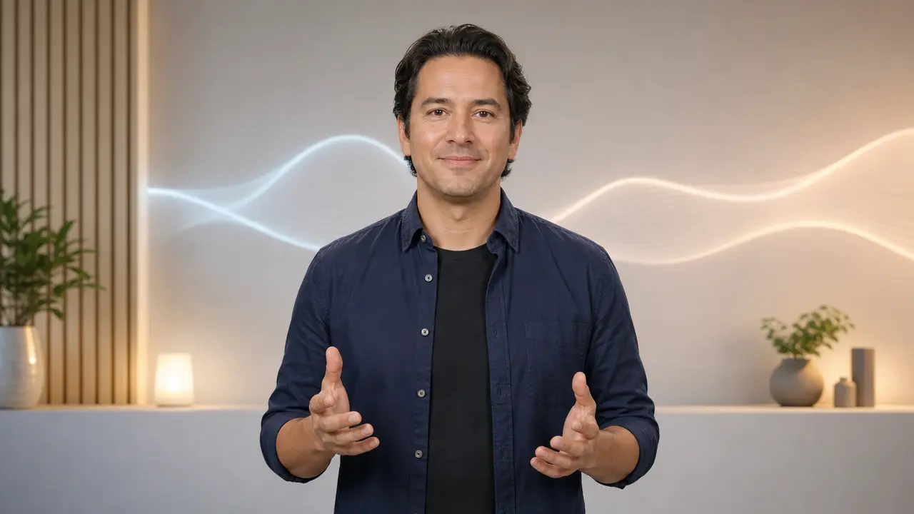 Neutral presenter-style AI avatar in a clean studio setting