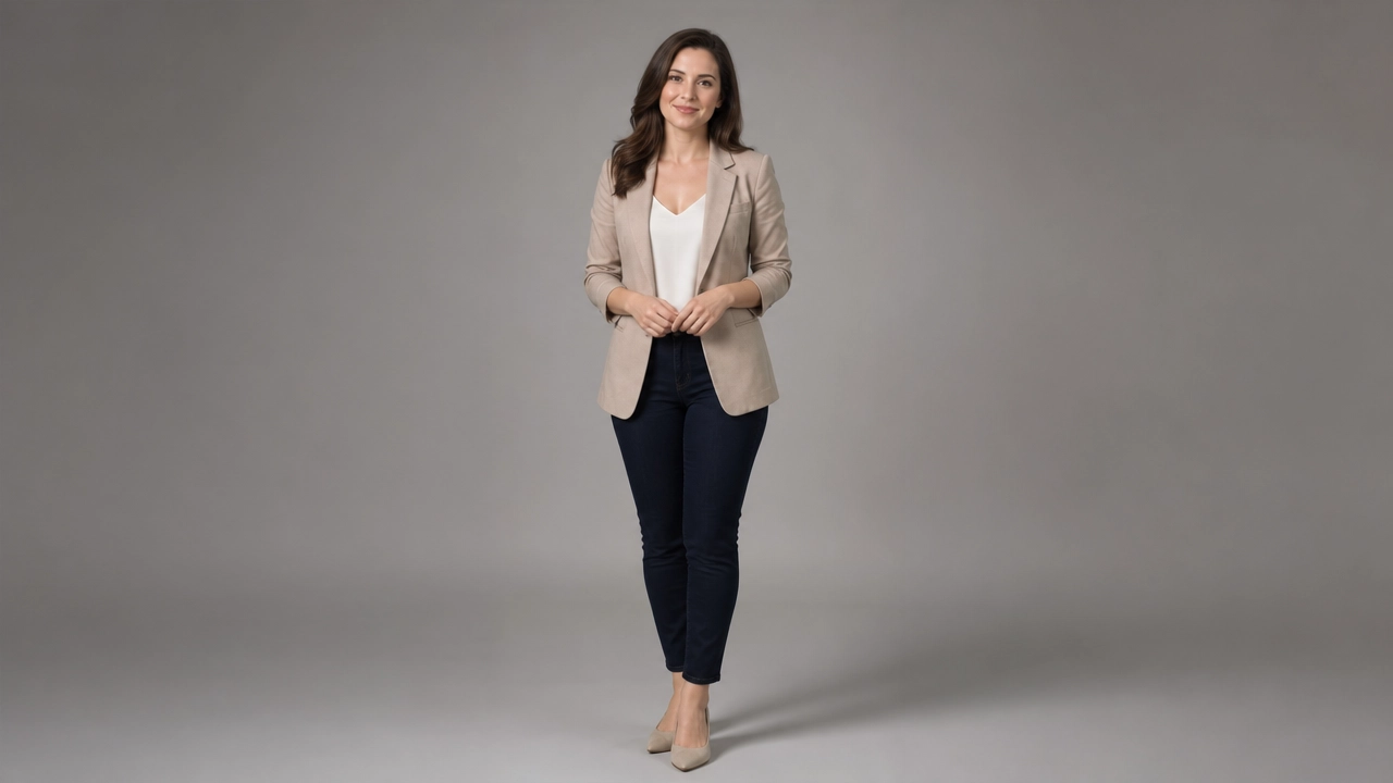 Presenter with natural edges on a neutral studio replacement background